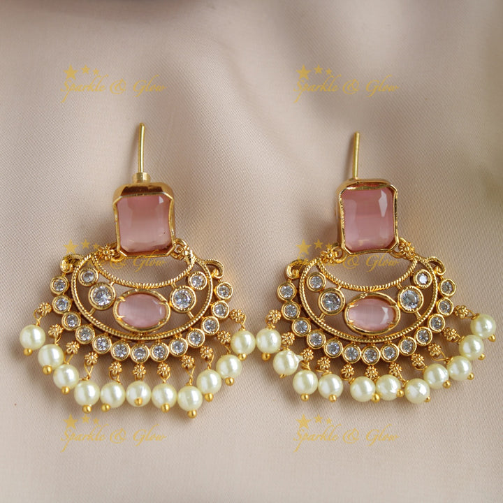 Statement Floral design rectangle stone short necklace with pearl drops - baby pink