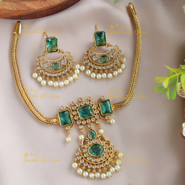Statement Floral design rectangle stone short necklace with pearl drops - green