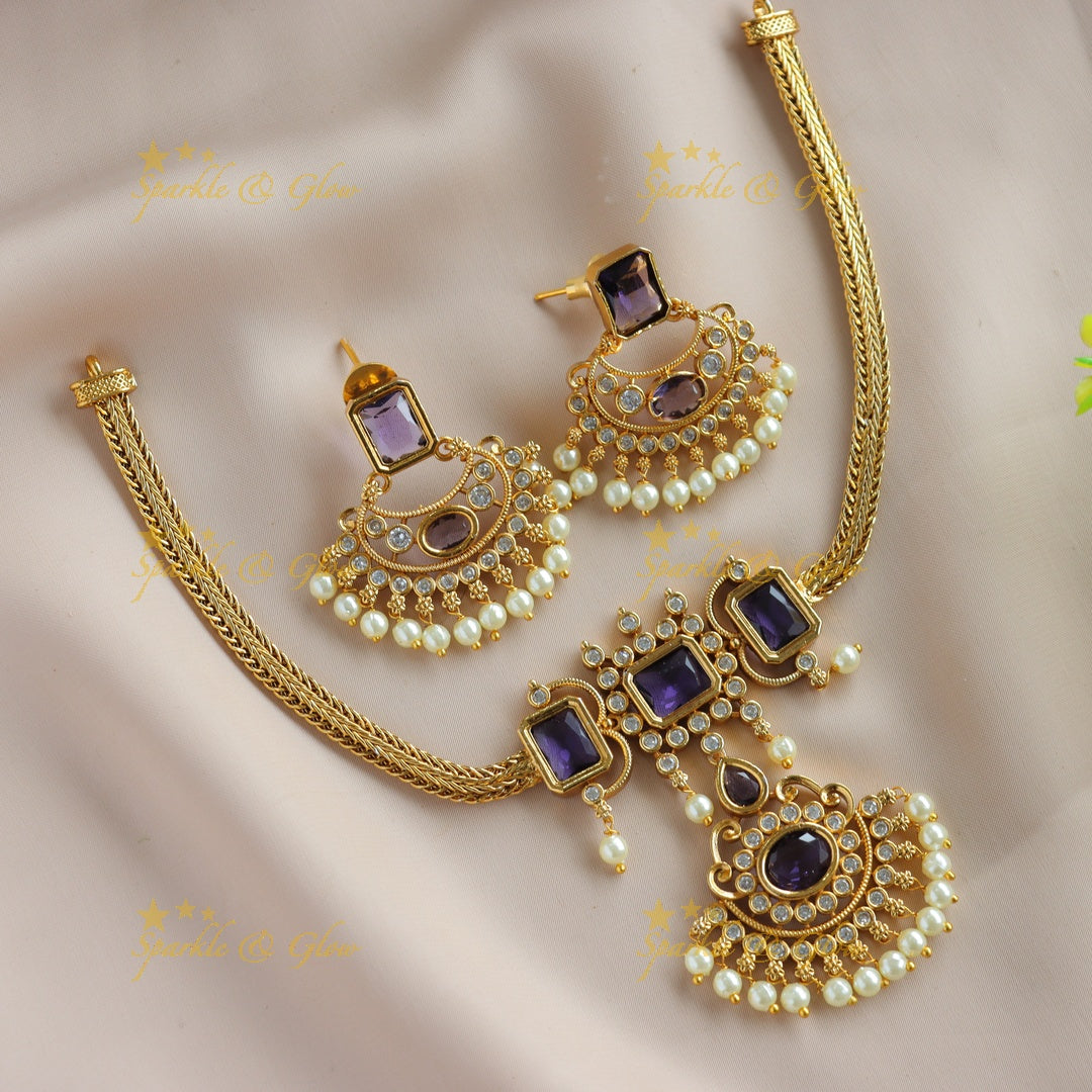 Statement Floral design rectangle stone short necklace with pearl drops - purple