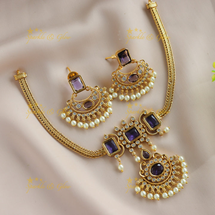 Statement Floral design rectangle stone short necklace with pearl drops - purple