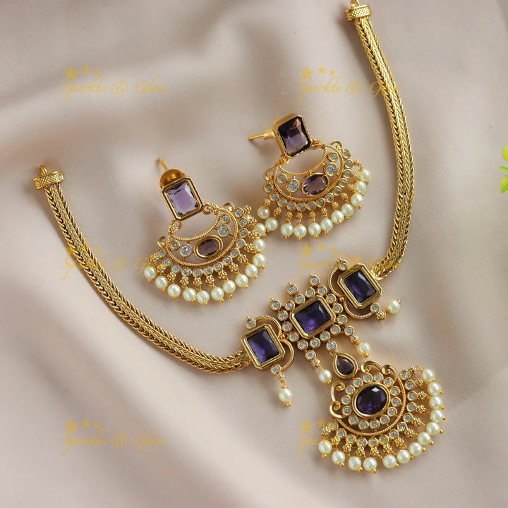 Statement Floral design rectangle stone short necklace with pearl drops - blue - Sparkle and Glow
