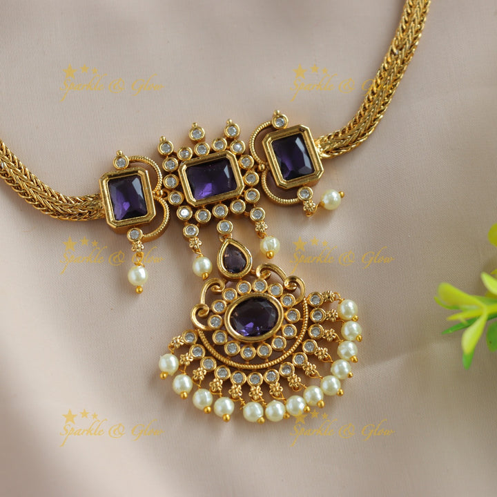 Statement Floral design rectangle stone short necklace with pearl drops - purple