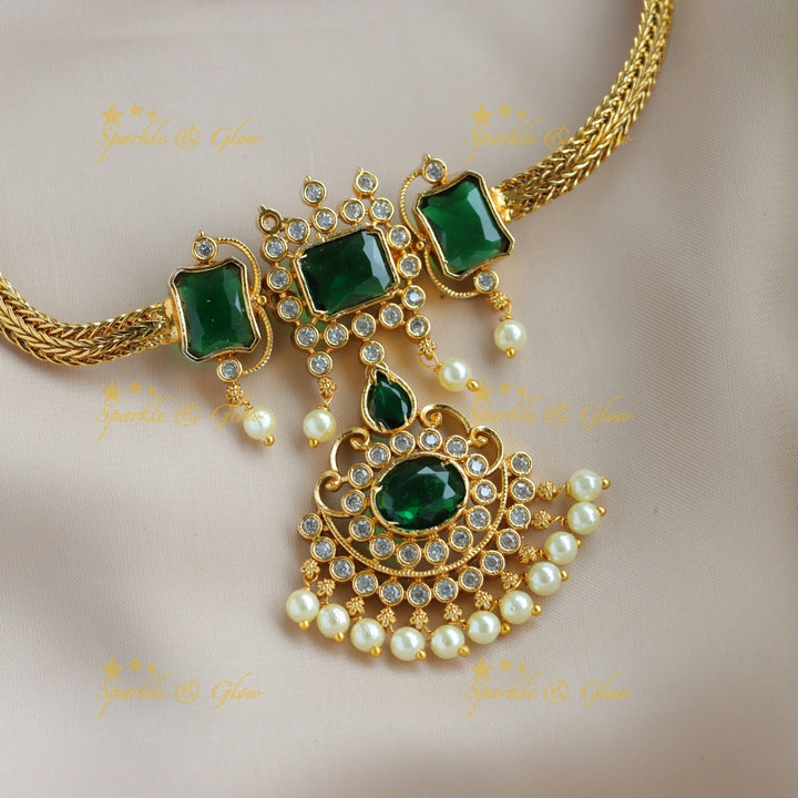 Statement Floral design rectangle stone short necklace with pearl drops - green