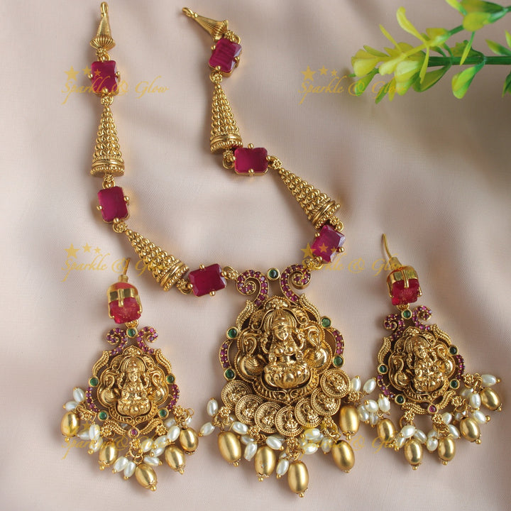 Beautiful Lakshmi peacock coin pendant short necklace with white stones and gold beads - white