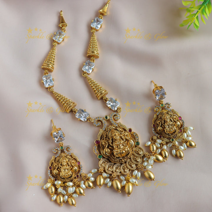 Beautiful Lakshmi peacock coin pendant short necklace with multi colour stones and gold beads - multi