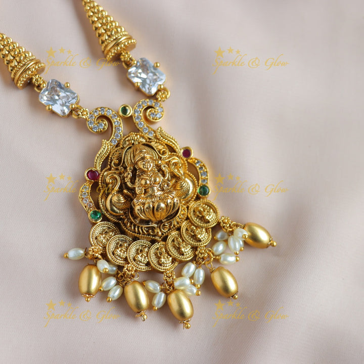 Beautiful Lakshmi peacock coin pendant short necklace with white stones and gold beads - white