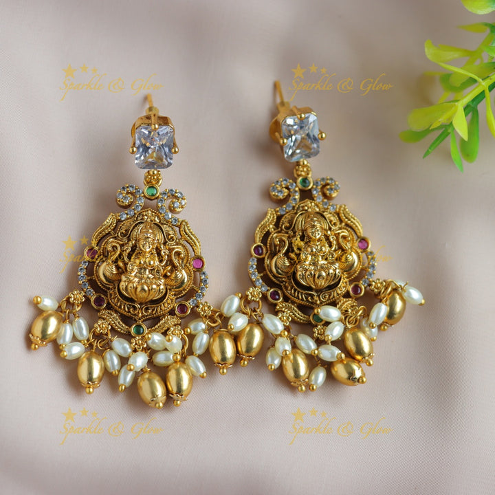 Beautiful Lakshmi peacock coin pendant short necklace with white stones and gold beads - white