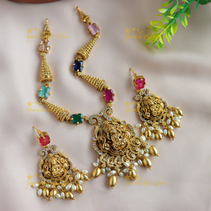 Beautiful Lakshmi peacock coin pendant short necklace with multi colour stones and gold beads - multi