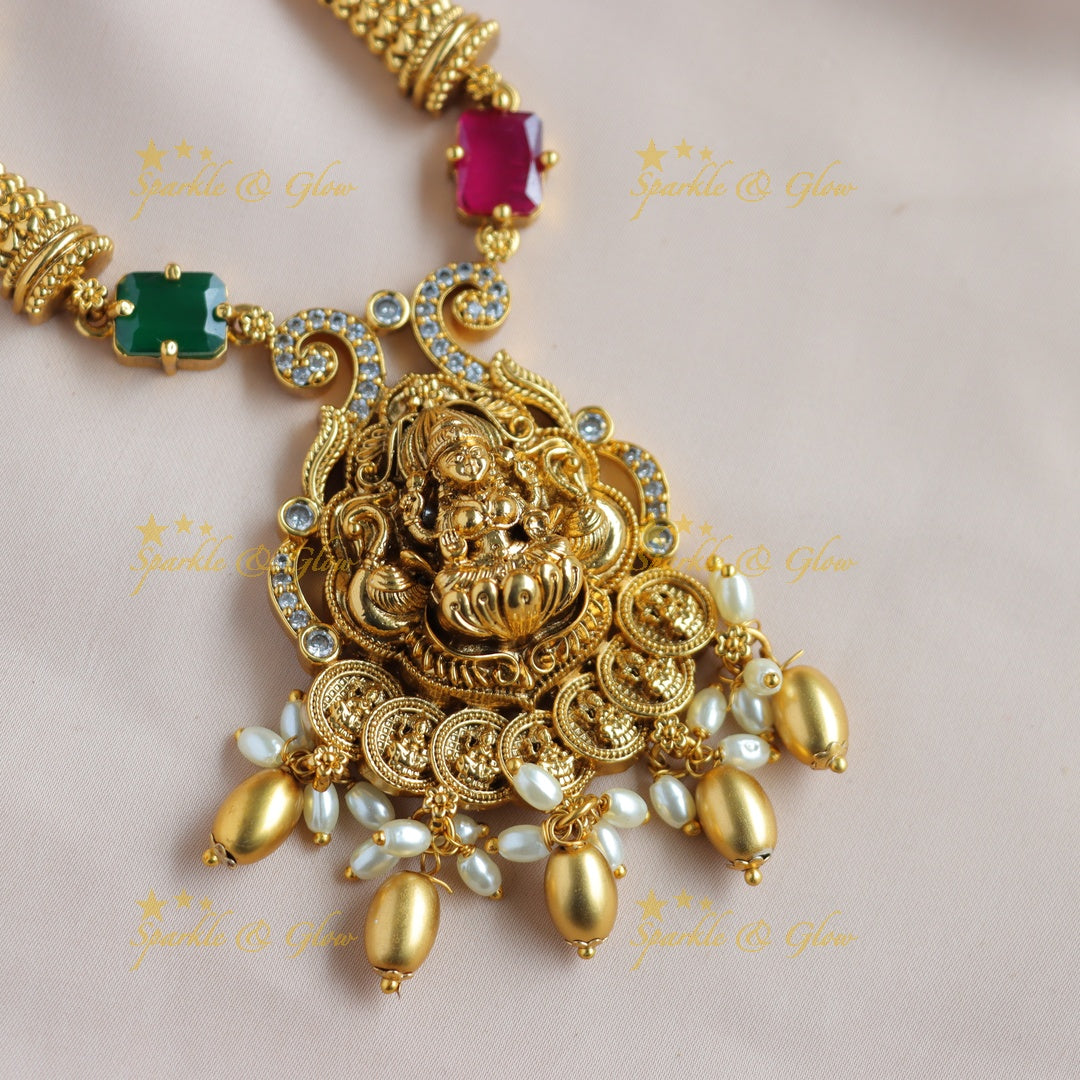 Beautiful Lakshmi peacock coin pendant short necklace with multi colour stones and gold beads - multi