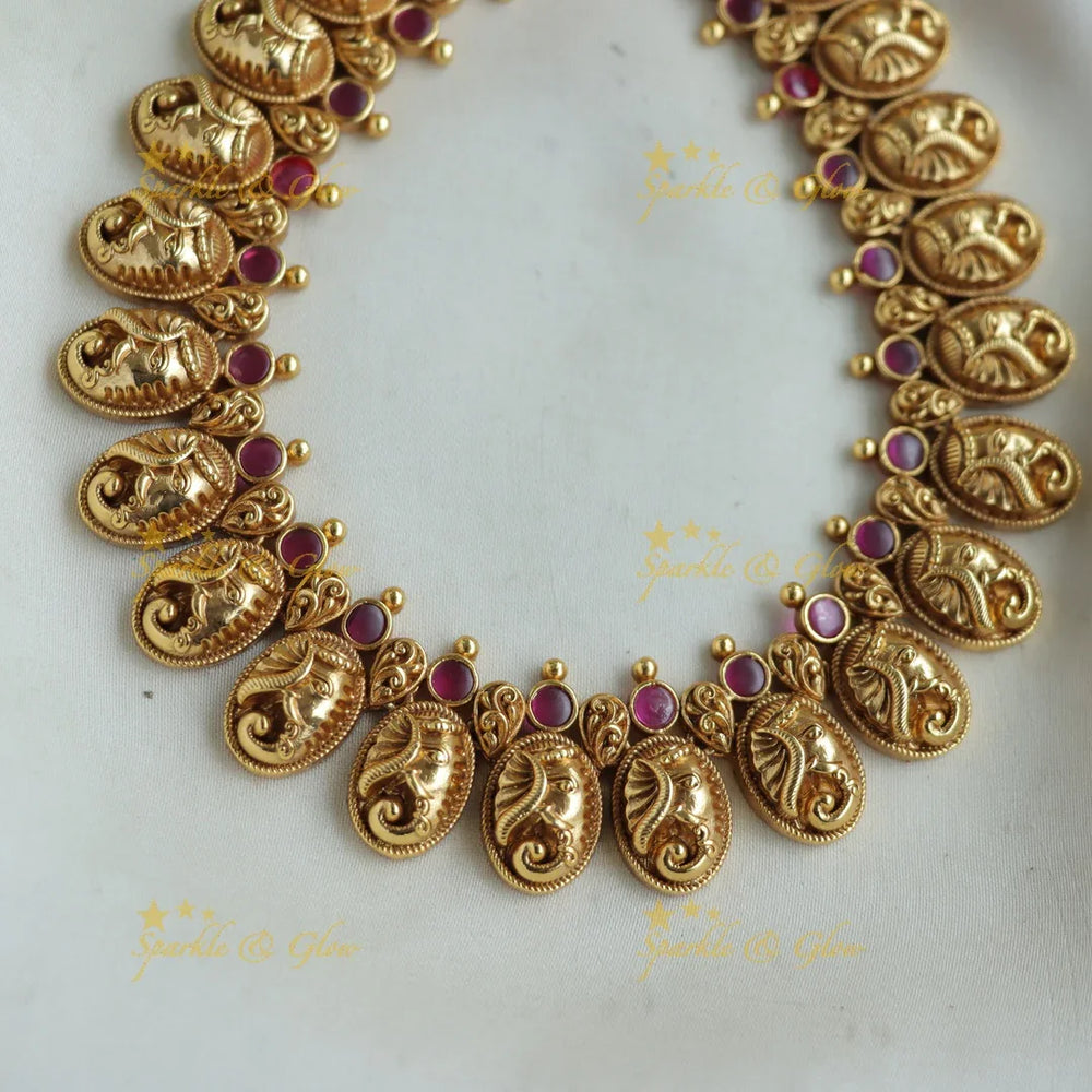 Elegant Elephant carved short necklace with ruby stones - Sparkle and Glow