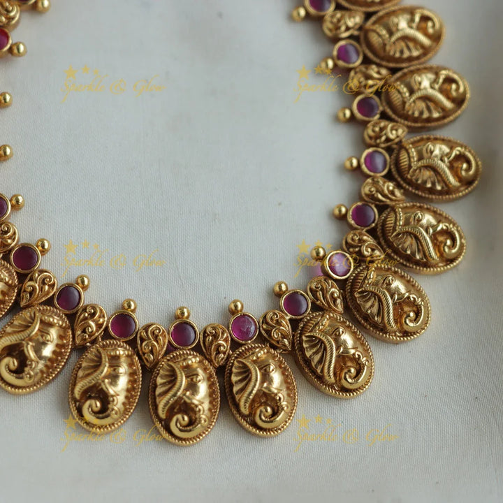 Elegant Elephant carved short necklace with ruby stones - Sparkle and Glow