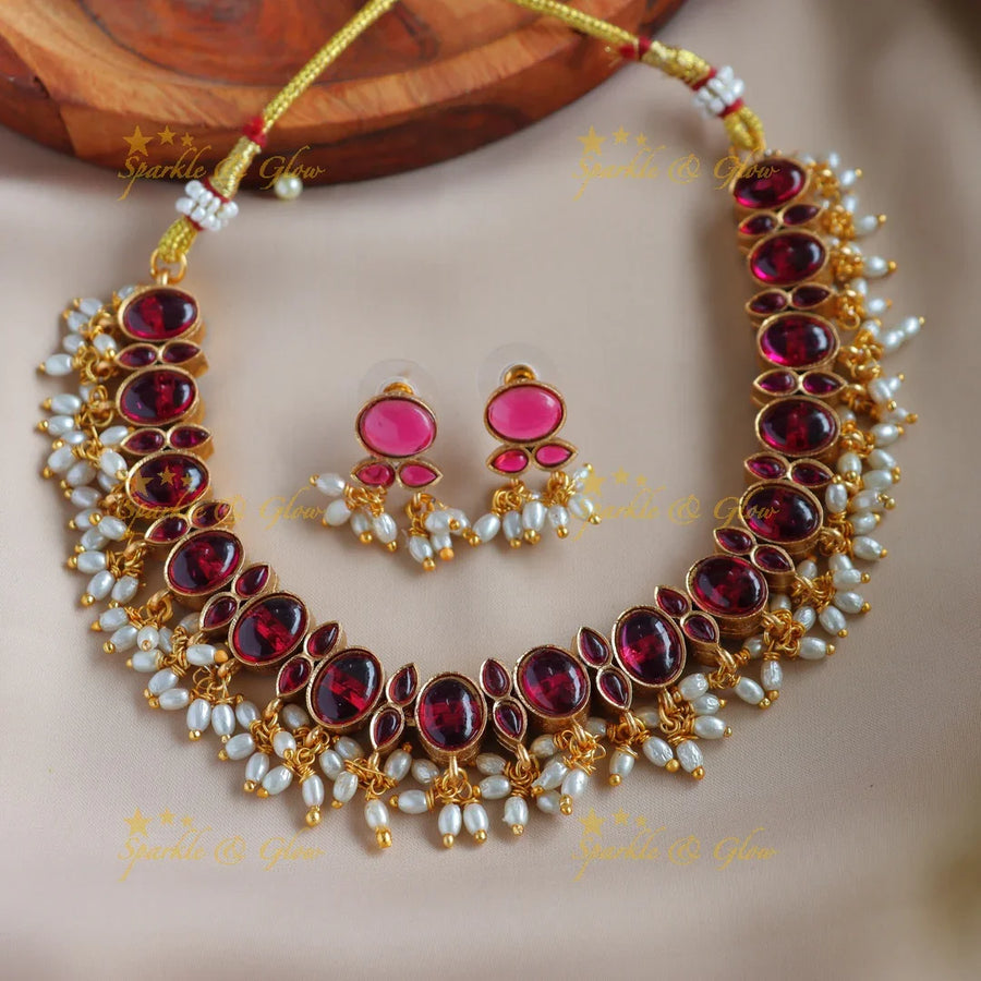 Stunning Oval kemp stone reversible short necklace with rice pearls - Sparkle and Glow