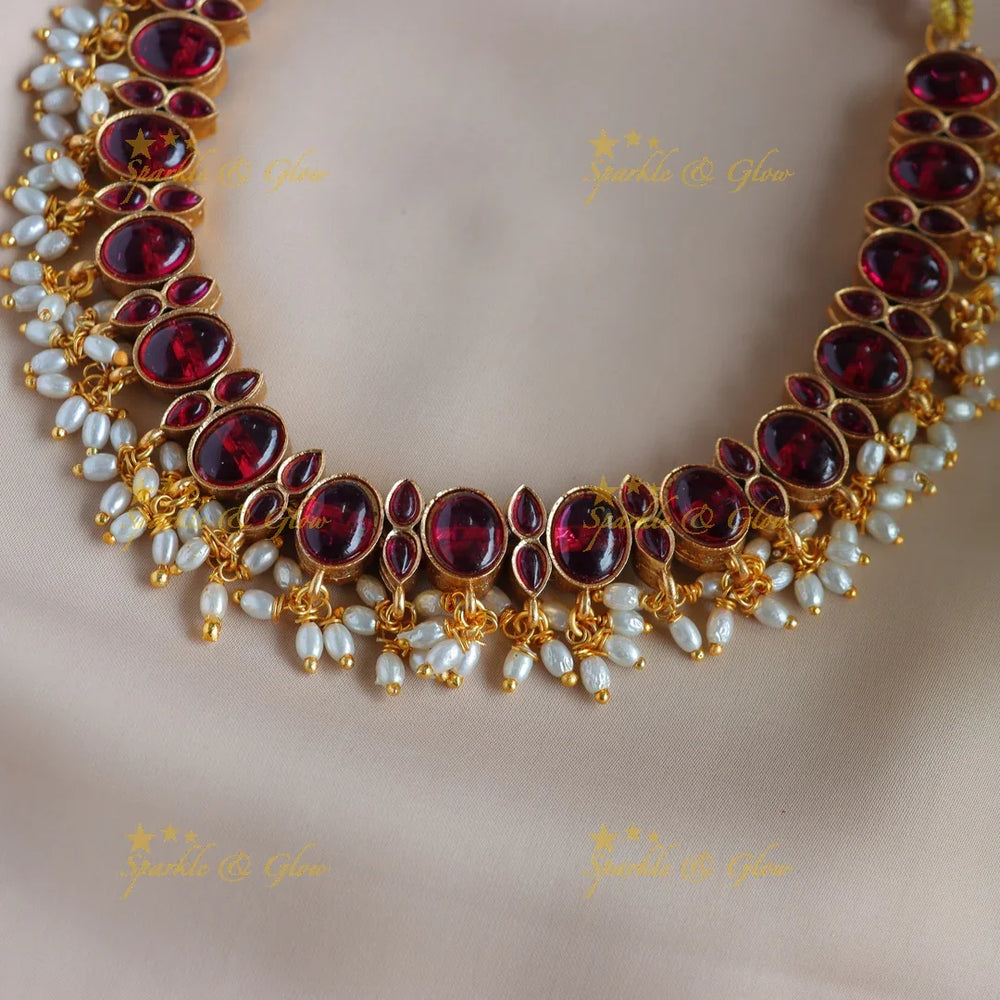 Stunning Oval kemp stone reversible short necklace with rice pearls - Sparkle and Glow