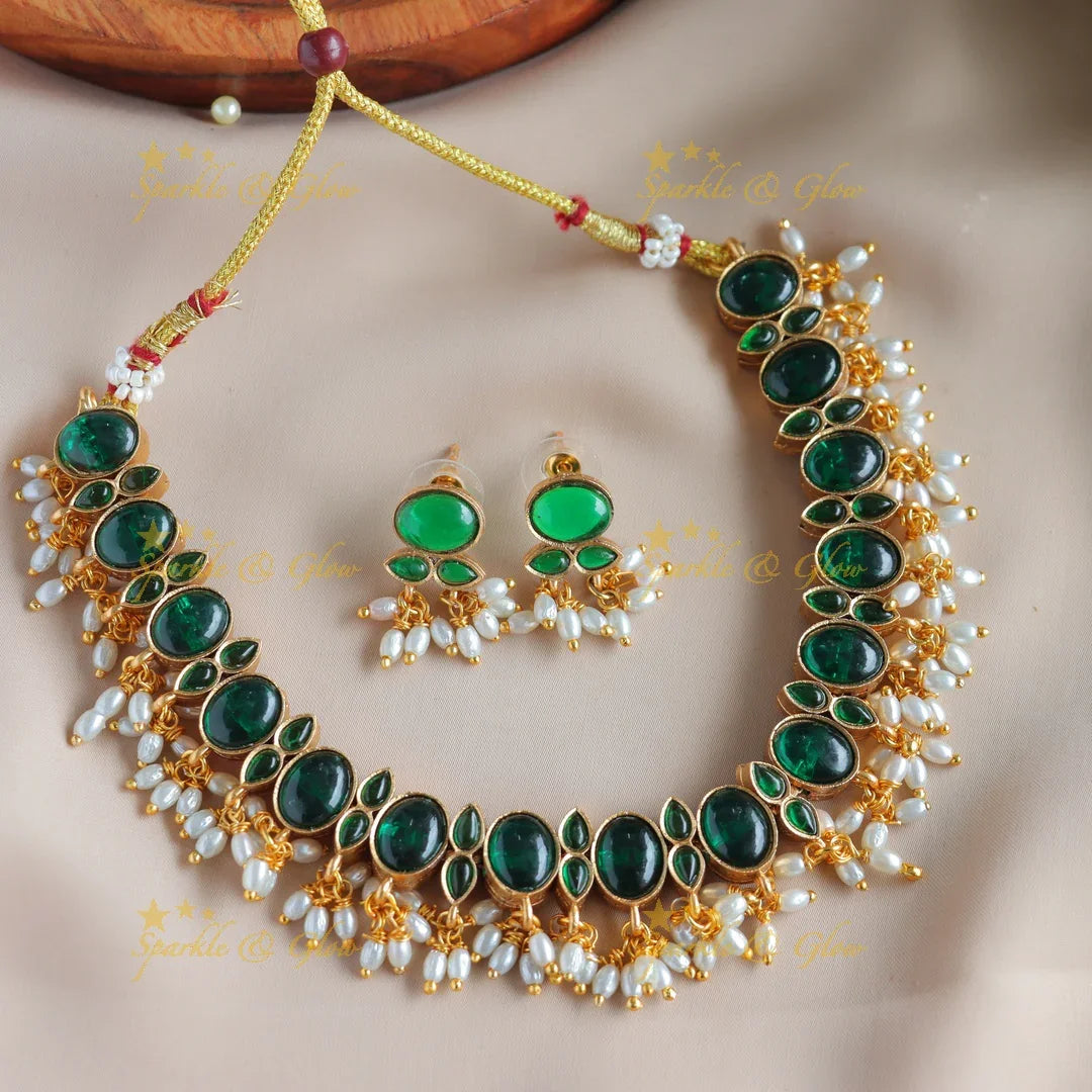 Stunning Oval kemp stone reversible short necklace with rice pearls - Sparkle and Glow