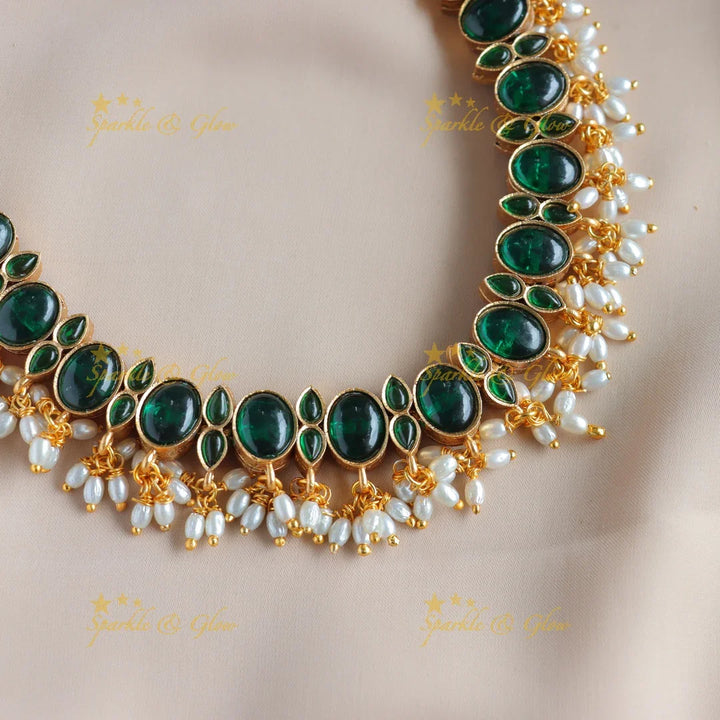 Stunning Oval kemp stone reversible short necklace with rice pearls - Sparkle and Glow