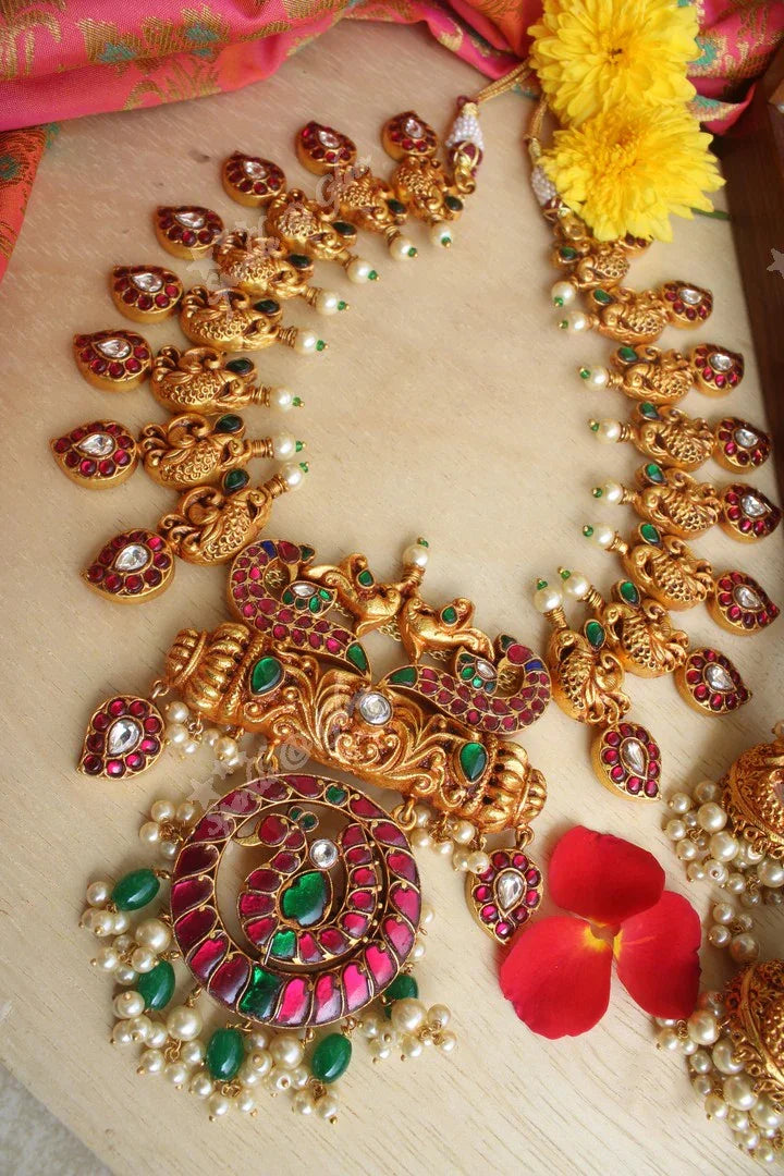 92.5 silver look alike geru gold polished peacock necklace made with real kemp stones - Sparkle and Glow