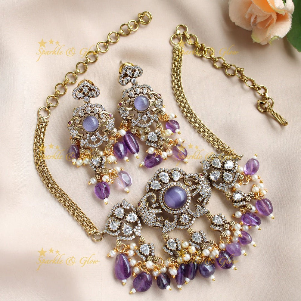 Stunning Elephant floral design victorian AD choker with purple beads and stones - Sparkle and Glow - Back Thread - 