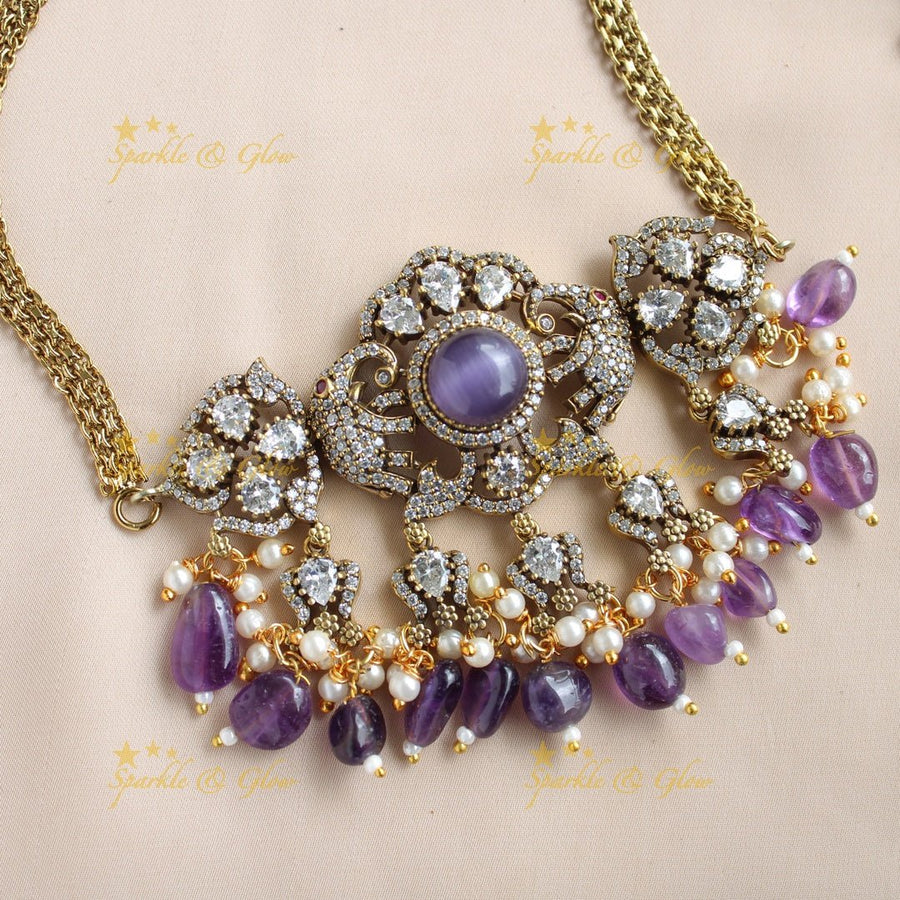 Stunning Elephant floral design victorian AD choker with purple beads and stones - Sparkle and Glow - Back Thread - 