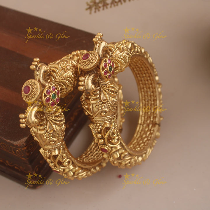 Gorgeous Peacock carved floral branch design kada style bangles with ruby stones a pair,  2.6