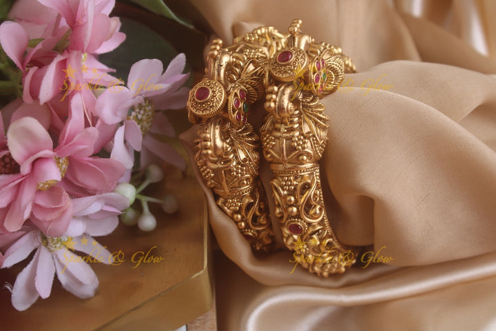 Gorgeous Peacock carved floral branch design kada style bangles with ruby stones a pair,  2.6