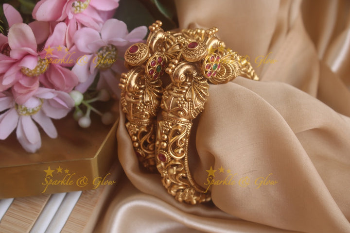 Gorgeous Peacock carved floral branch design kada style bangles with ruby stones a pair,  2.6