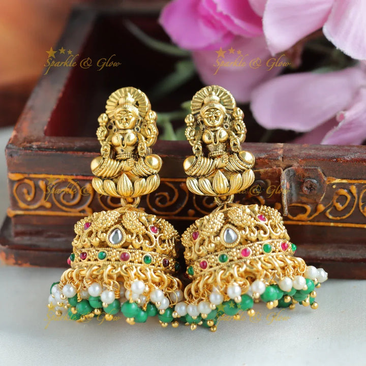 Beautiful Lakshmi peacock carved short necklace with ruby emerald and green beads - Sparkle and Glow