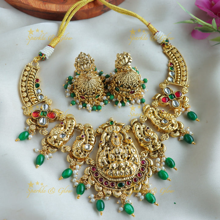 Exclusive Lakshmi peacock carved short necklace with ruby emerald pearls and green beads