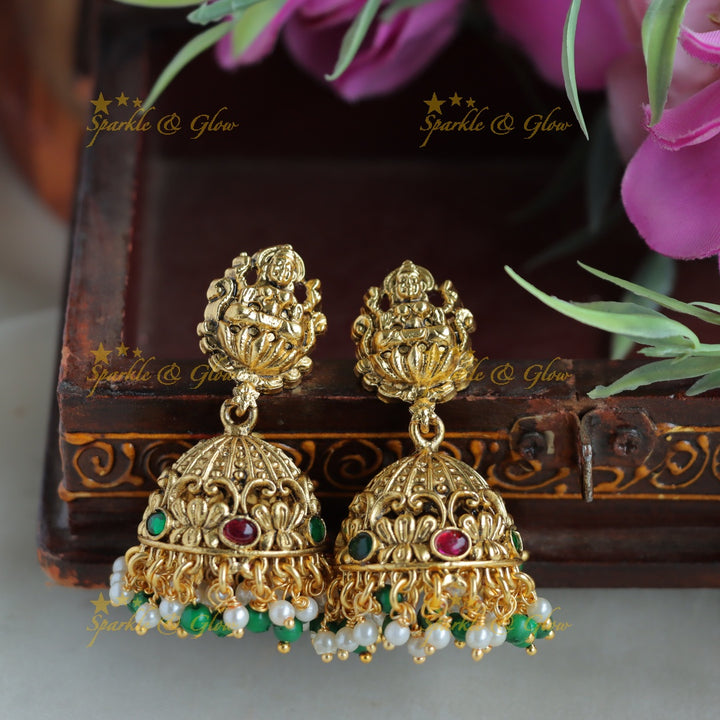 Exclusive Lakshmi peacock carved short necklace with ruby emerald pearls and green beads