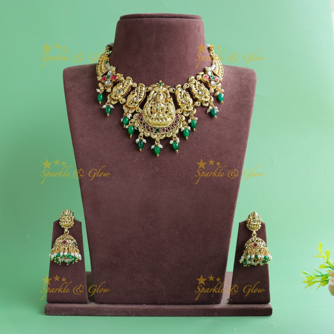 Exclusive Lakshmi peacock carved short necklace with ruby emerald pearls and green beads