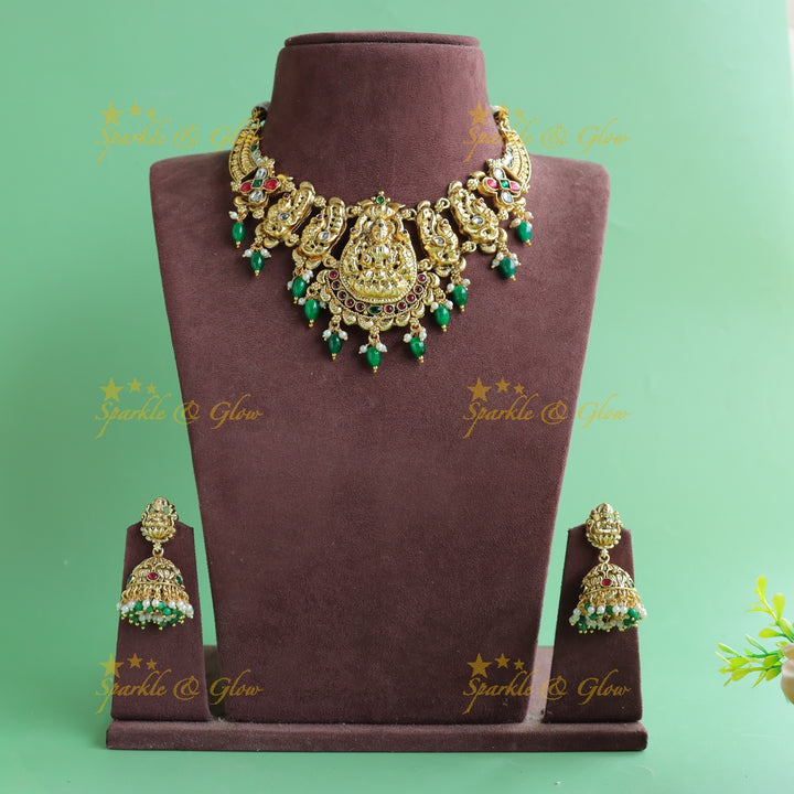 Exclusive Lakshmi peacock carved short necklace with ruby emerald pearls and green beads