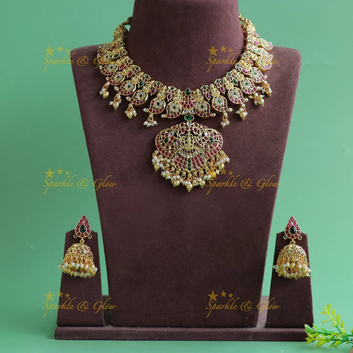 Gorgeous Lakshmi mango short necklace with pearls and gold beads - Sparkle and Glow
