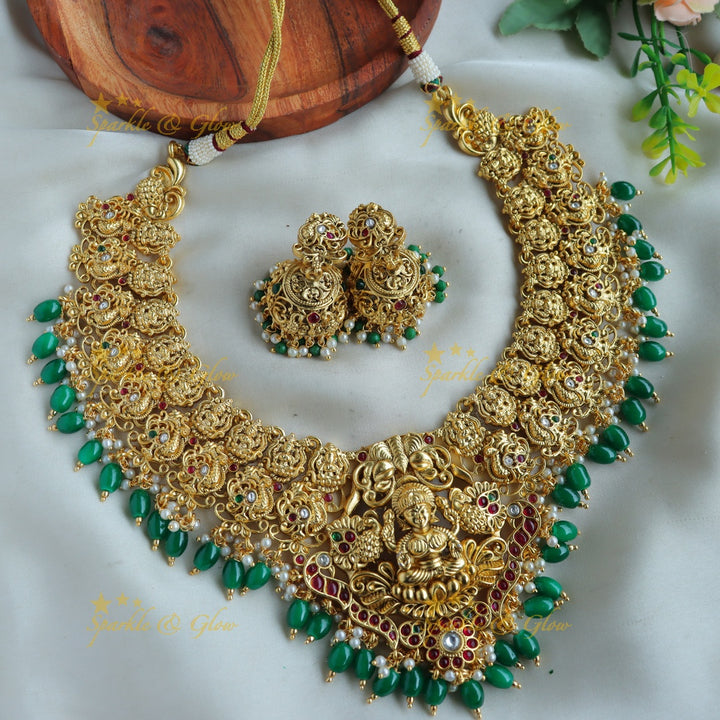 Grand Bridal Lakshmi peacock carved short necklace with ruby pearls and green beads