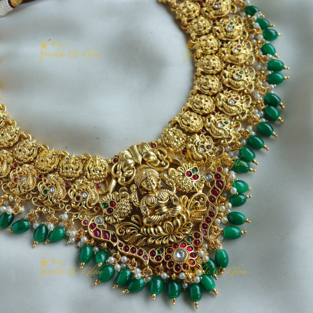 Grand Bridal Lakshmi peacock carved short necklace with ruby pearls and green beads