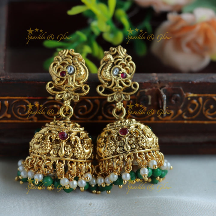 Grand Bridal Lakshmi peacock carved short necklace with ruby pearls and green beads