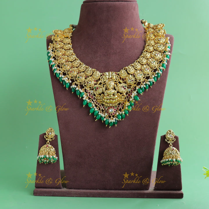 Grand Bridal Lakshmi peacock carved short necklace with ruby pearls and green beads
