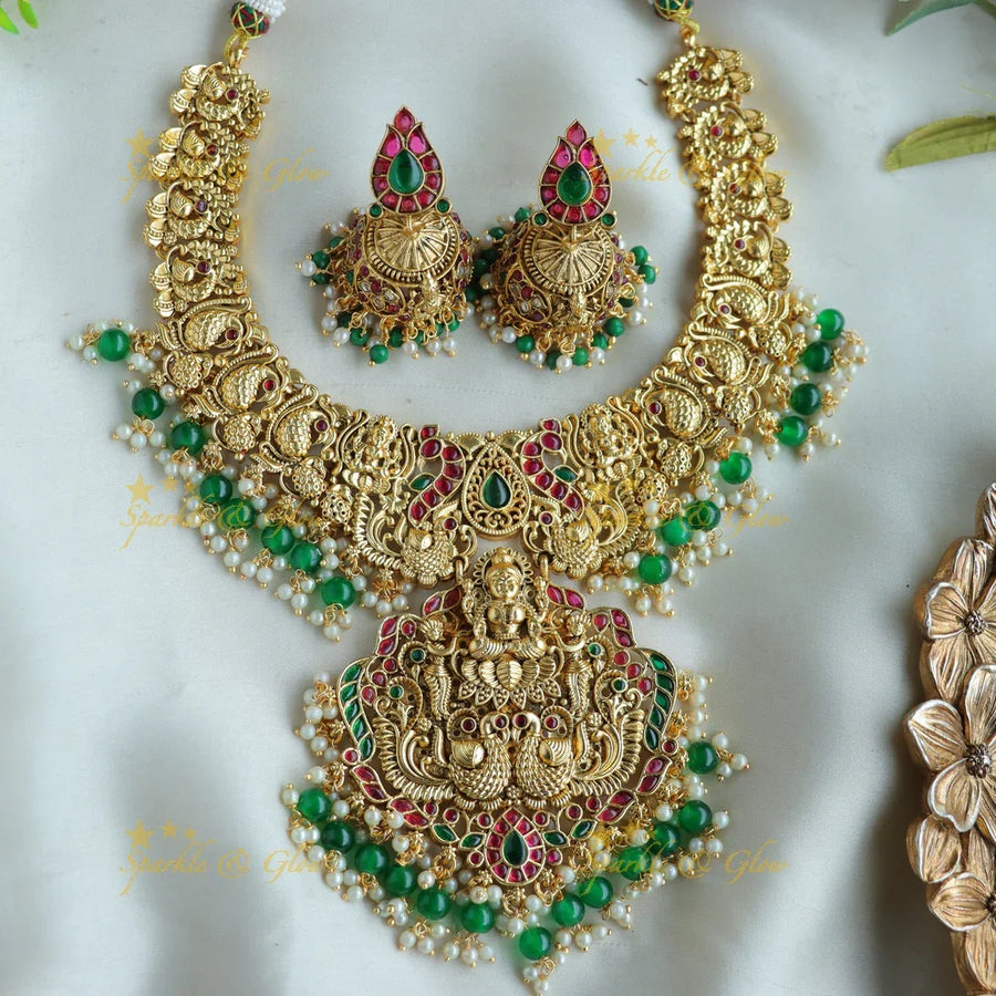Statement Lakshmi peacock carved short necklace with ruby emerald and green beads - Sparkle and Glow