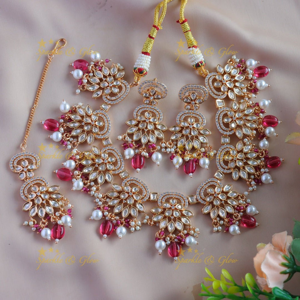 Beautiful Leaf Floral Victorian AD Short necklace - Sparkle and Glow - Back Thread - 