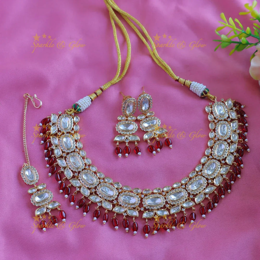 Elegant Kundan Floral Victorian AD Short necklace - Sparkle and Glow