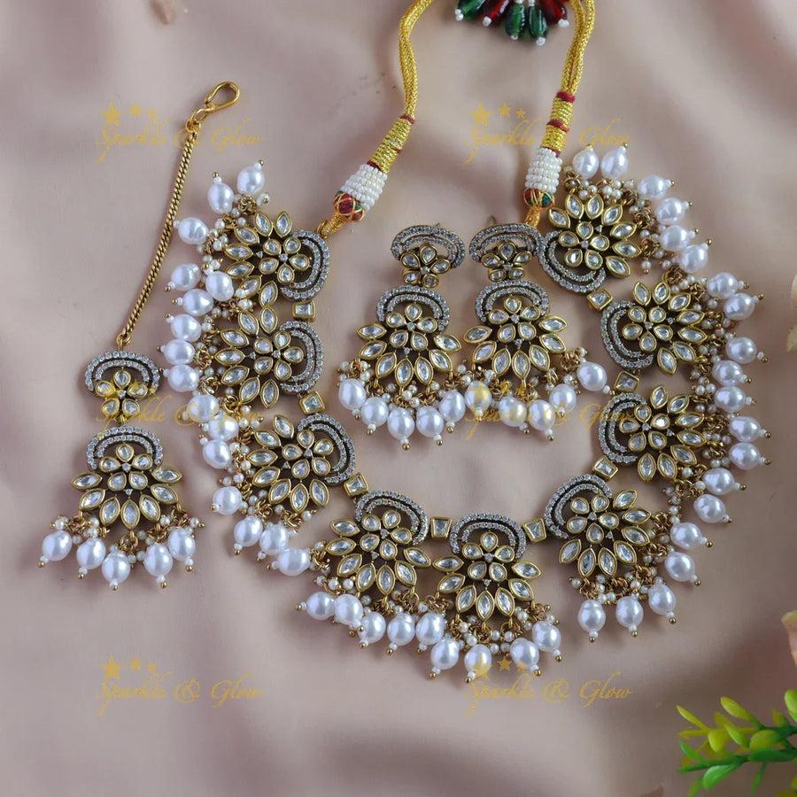 Beautiful Leaf Floral Victorian AD Short necklace - Sparkle and Glow