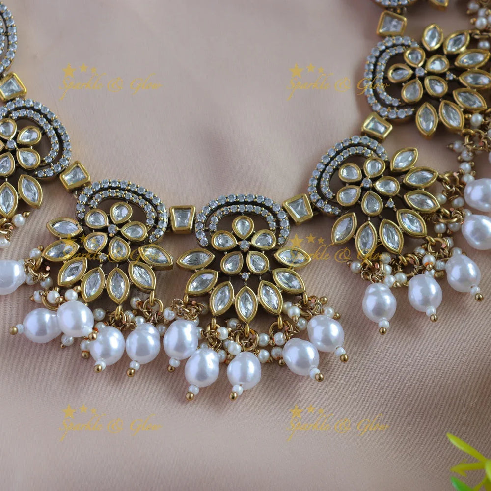 Beautiful Leaf Floral Victorian AD Short necklace - Sparkle and Glow