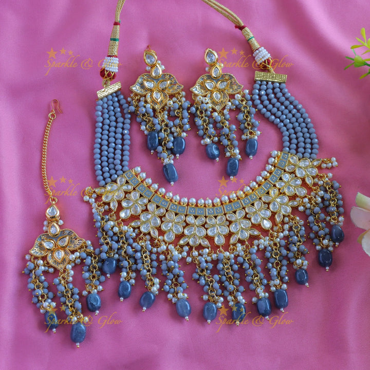 Beautiful Multilayered Victorian AD Floral Short necklace with maangtikka