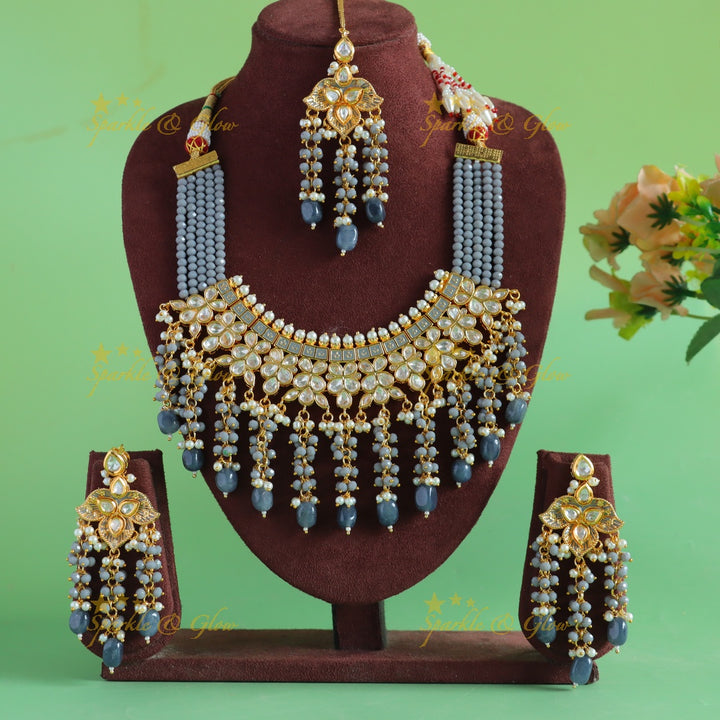 Beautiful Multilayered Victorian AD Floral Short necklace with maangtikka