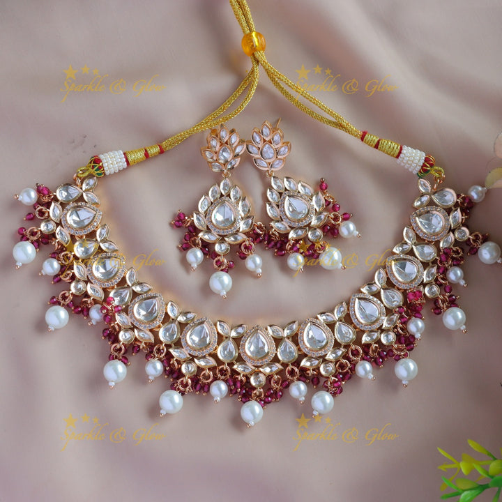 Elegant Kundan Leaf Floral Victorian AD short necklace with pearls