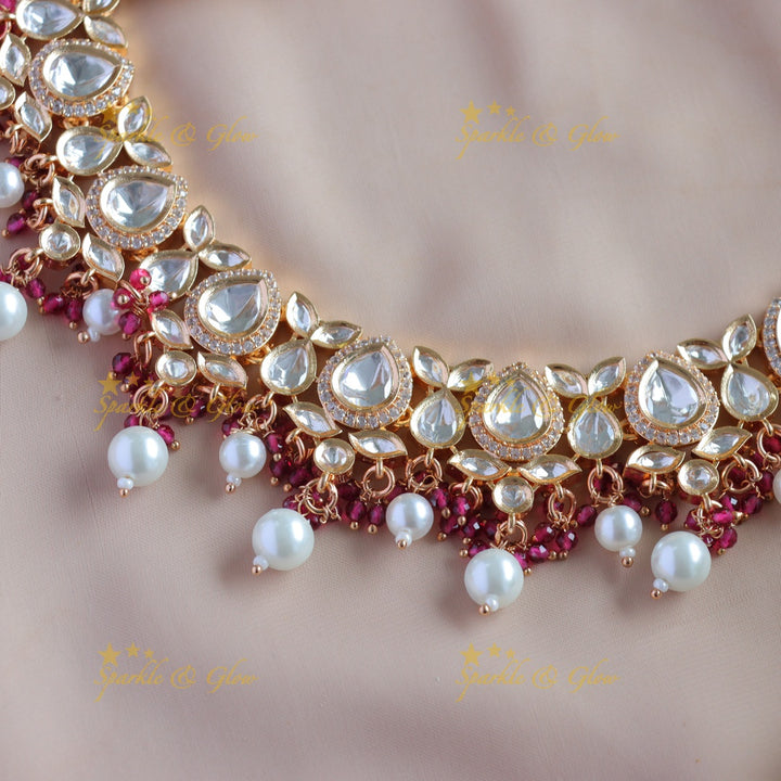 Elegant Kundan Leaf Floral Victorian AD short necklace with pearls