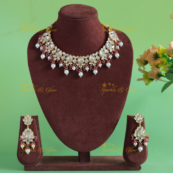 Elegant Kundan Leaf Floral Victorian AD short necklace with pearls