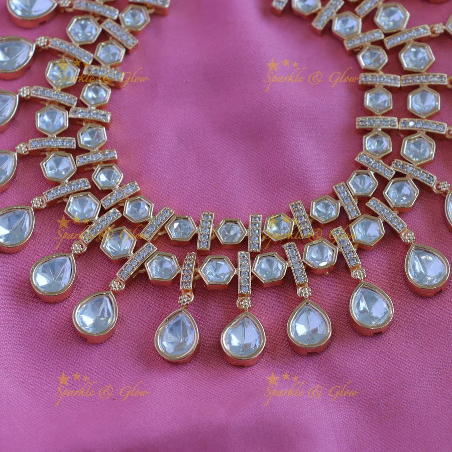 Sparkling Kundan two layered Goemetric design Victorian AD short necklace - Sparkle and Glow