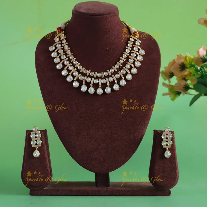 Sparkling Kundan two layered Goemetric design Victorian AD short necklace - Sparkle and Glow