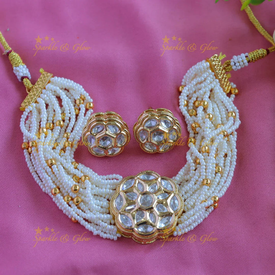Grand Floral pendant Victorian AD Multilayered Pearl Choker - Sparkle and Glow