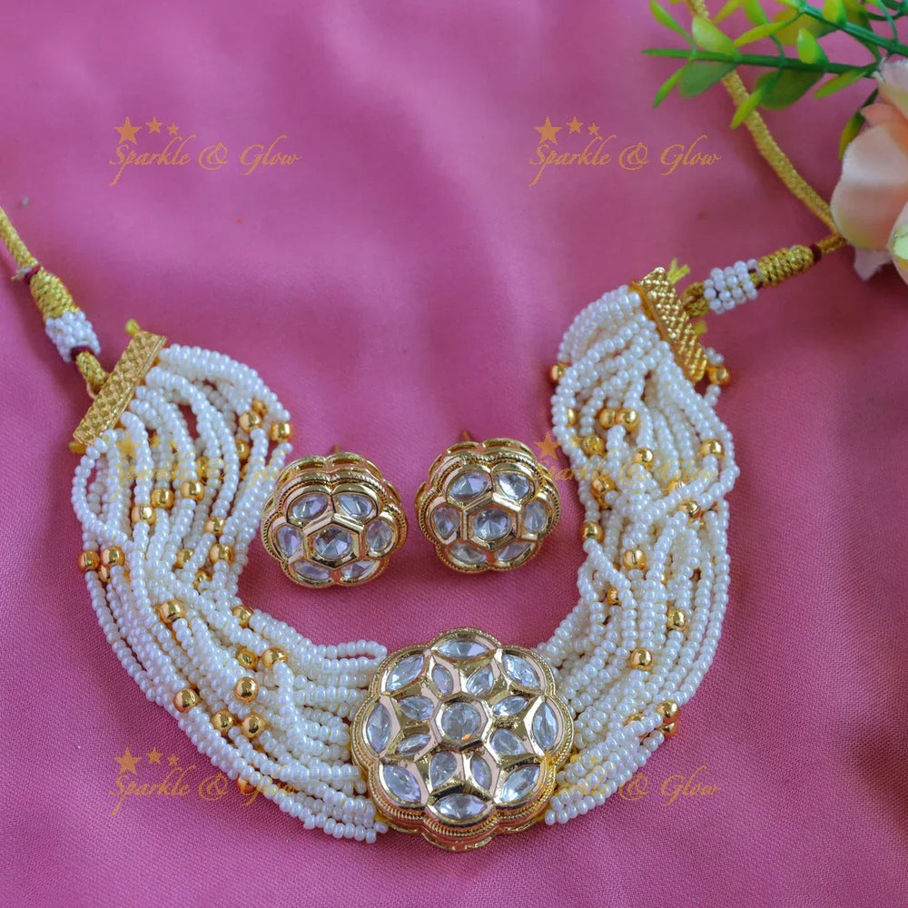 Grand Floral pendant Victorian AD Multilayered Pearl Choker - Sparkle and Glow