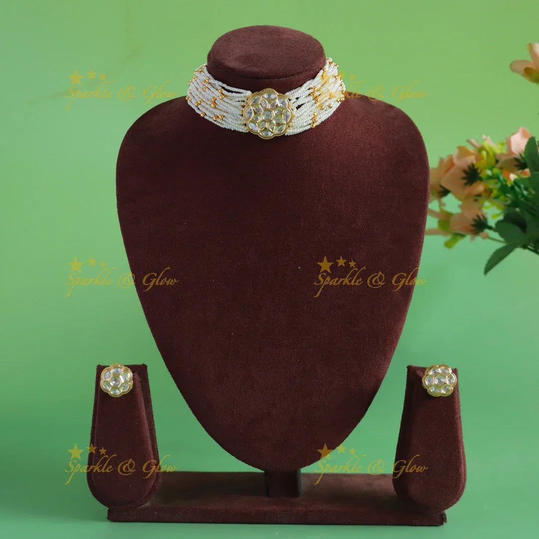Grand Floral pendant Victorian AD Multilayered Pearl Choker - Sparkle and Glow